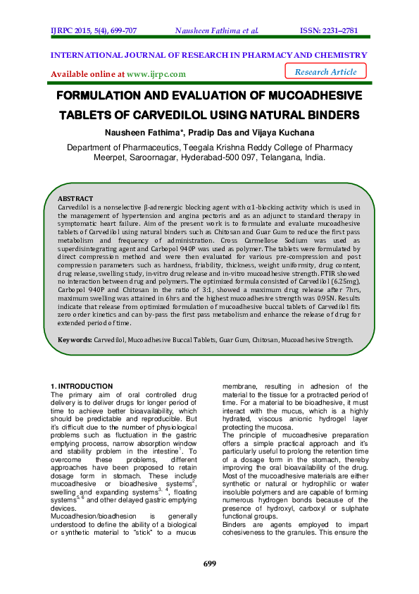 (PDF) Formulation and Evaluation of Mucoadhesive Tablets of Carvedilol ...