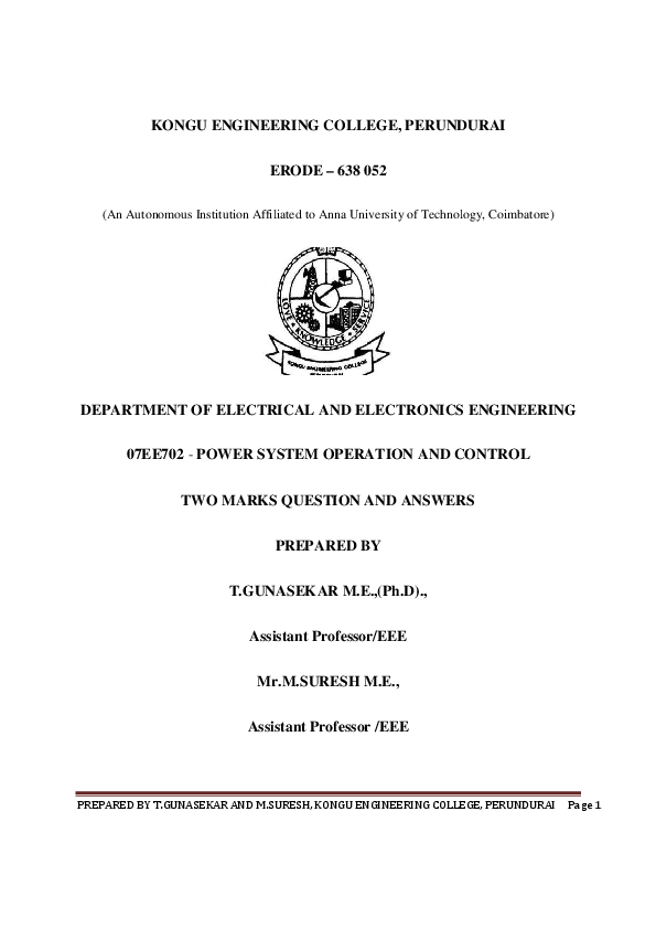 (PDF) Power system operation and control 2 marks Suresh Muthusamy