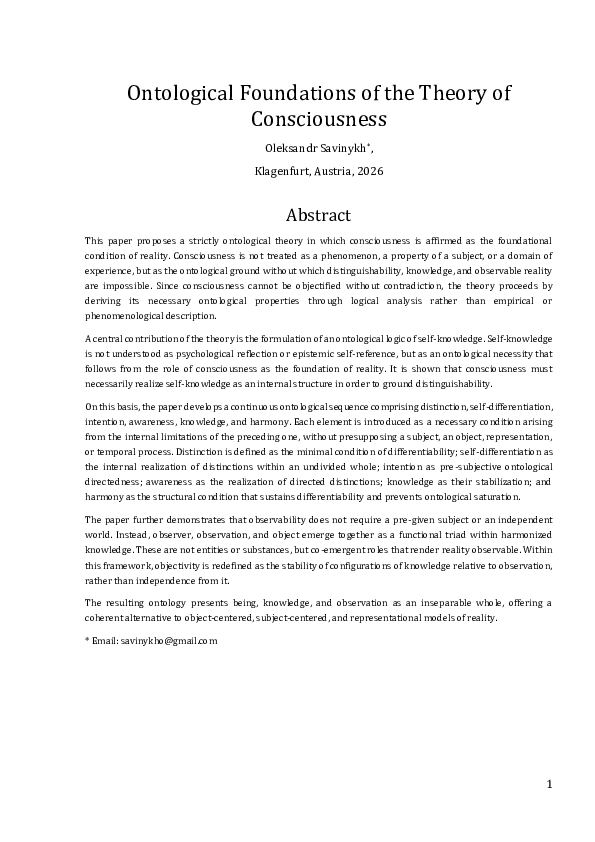 (PDF) Ontological Foundations of the Theory of Consciousness