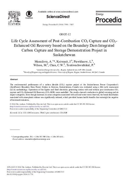 (PDF) Life Cycle Assessment of Post-combustion CO2 Capture and CO2 ...