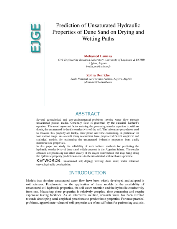 (PDF) Prediction of unsaturated hydraulic properties of dune sand on ...
