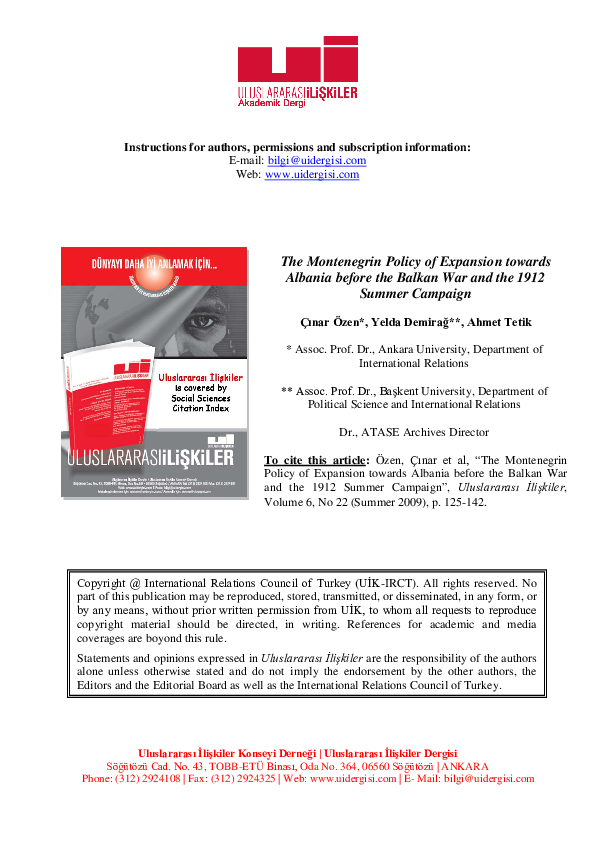 Pdf The Montenegrin Policy Of Expansion Towards Albania Before The Balkan War And The 1912 Summer Campaign Uluslararasi Iliskiler Academia Edu