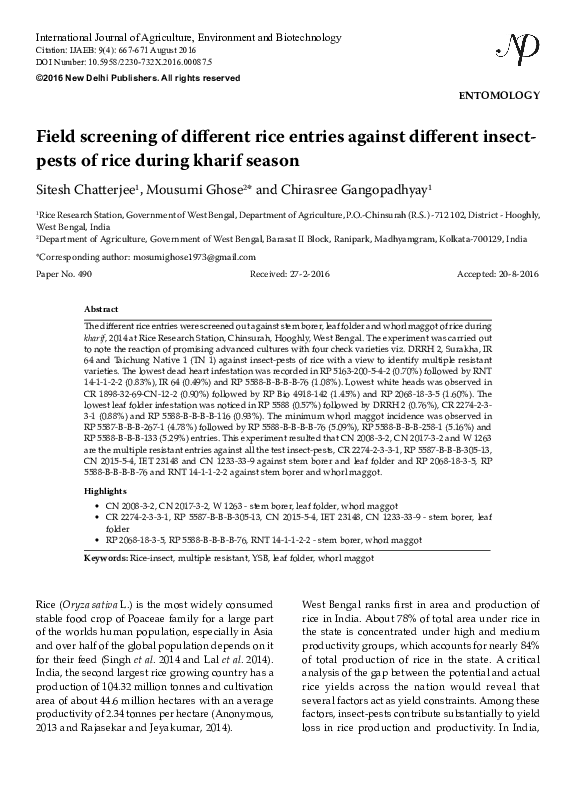 (PDF) Field screening of different rice entries against different ...