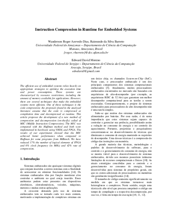 (PDF) Instruction Compression in Runtime for Embedded Systems
