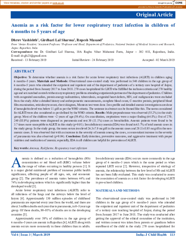 (PDF) Anemia as a Risk Factor for Lower Respiratory Tract Infection in ...