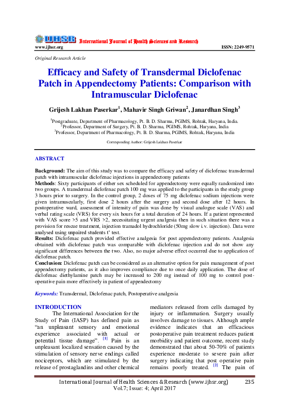 (PDF) Efficacy and safety of transdermal diclofenac patch versus ...