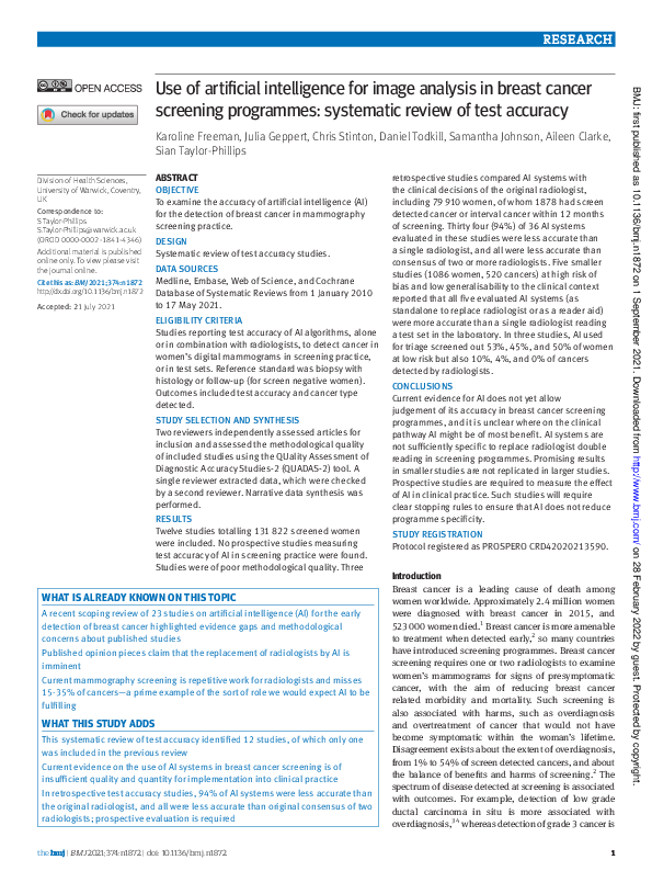 (PDF) Use of artificial intelligence for image analysis in breast ...