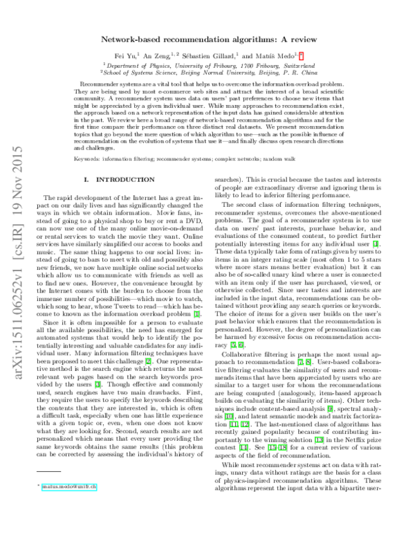 (PDF) Network-based recommendation algorithms: A review