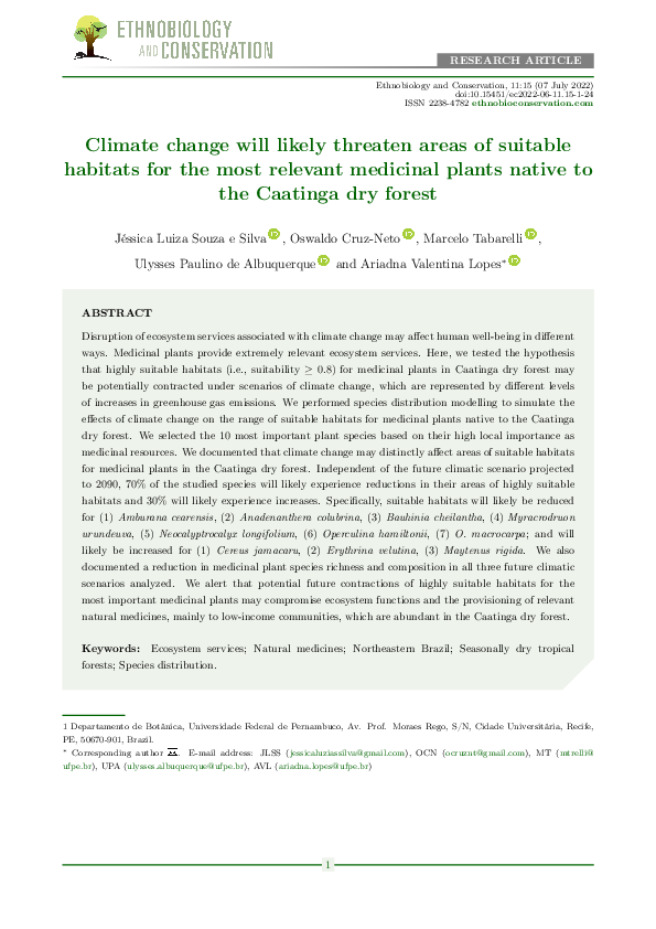 (PDF) Climate change will likely threaten areas of suitable habitats ...