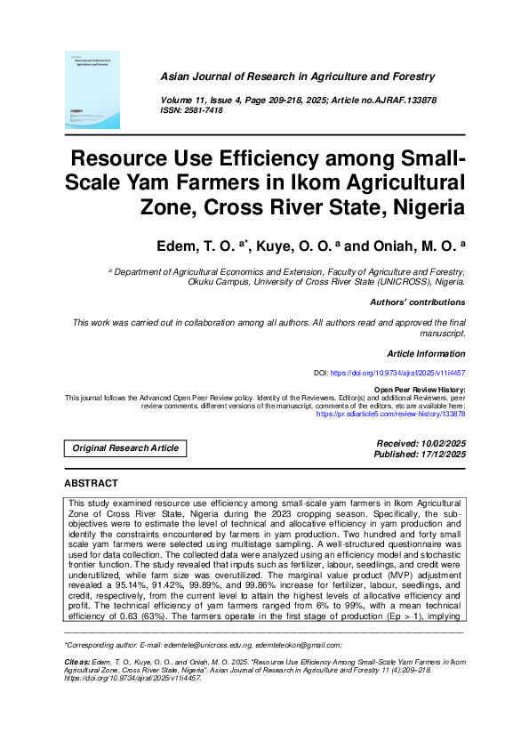 (PDF) Resource Use Efficiency among Small-Scale Yam Farmers in Ikom ...