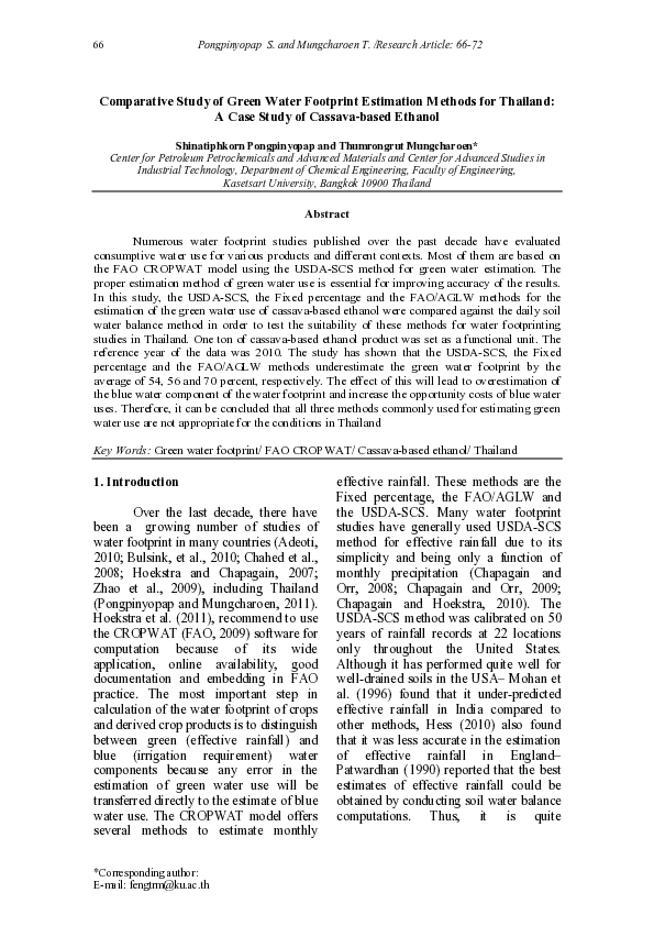 (PDF) Comparative Study of Green Water Footprint Estimation Methods for ...