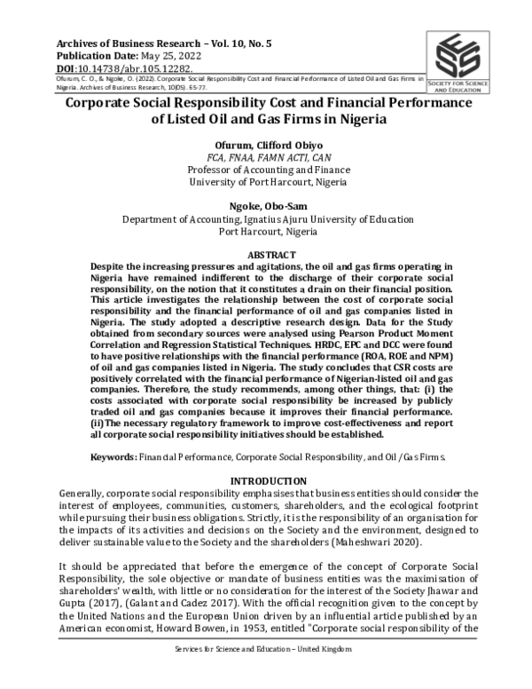 (PDF) Corporate Social Responsibility Cost and Financial Performance of ...