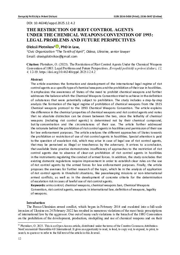 (PDF) The Restriction of Riot Control Agents Under the Chemical Weapons ...