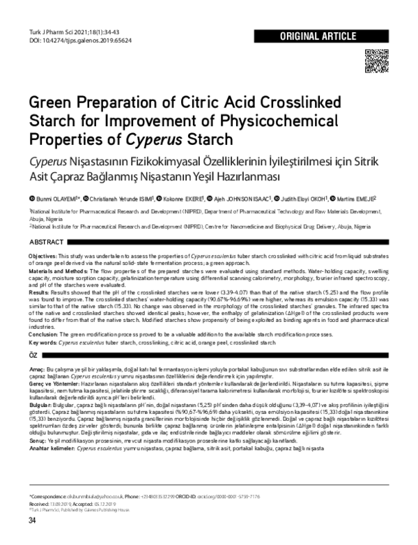 (PDF) Green preparation of citric acid cross-linked starch for ...