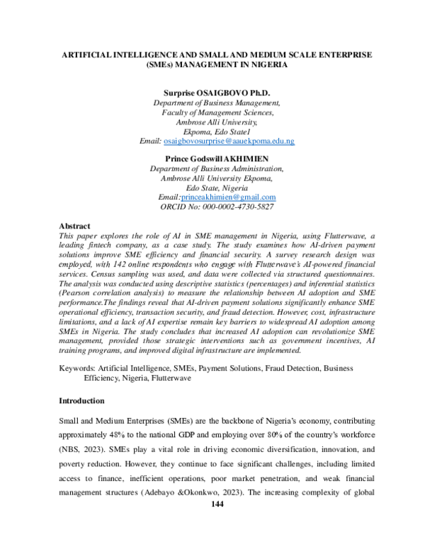 (PDF) ARTIFICIAL INTELLIGENCE AND SMALL AND MEDIUM SCALE ENTERPRISE ...