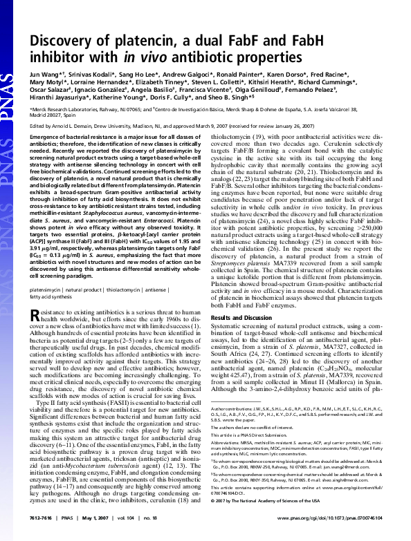(PDF) Discovery of platencin, a dual FabF and FabH inhibitor with in ...