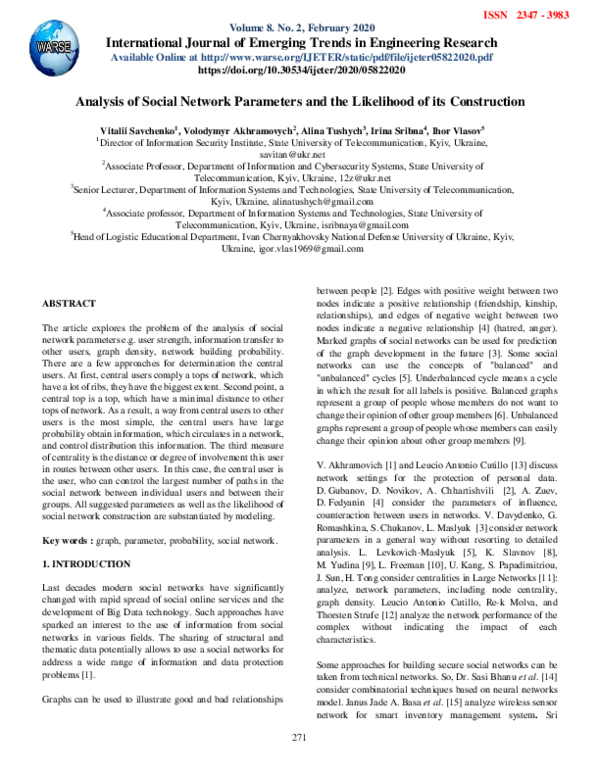 (PDF) Analysis of Social Network Parameters and the Likelihood of its ...