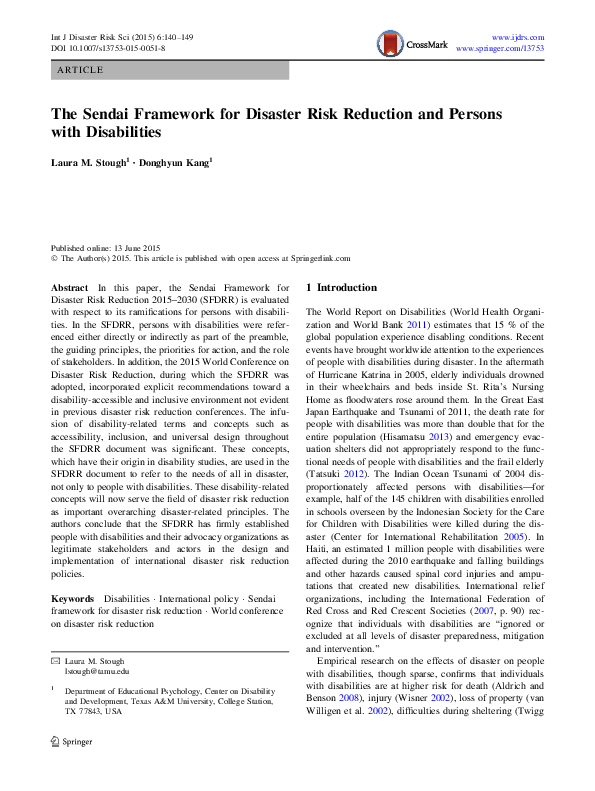 (PDF) The Sendai Framework for Disaster Risk Reduction and Persons with ...