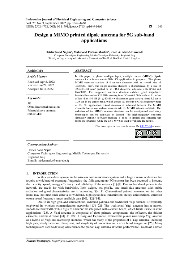 (PDF) Design a MIMO printed dipole antenna for 5G sub-band applications