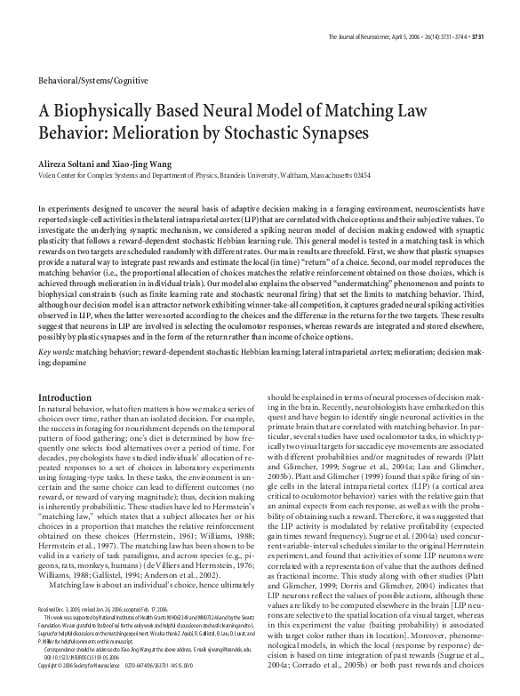 (PDF) A Biophysically Based Neural Model of Matching Law Behavior ...