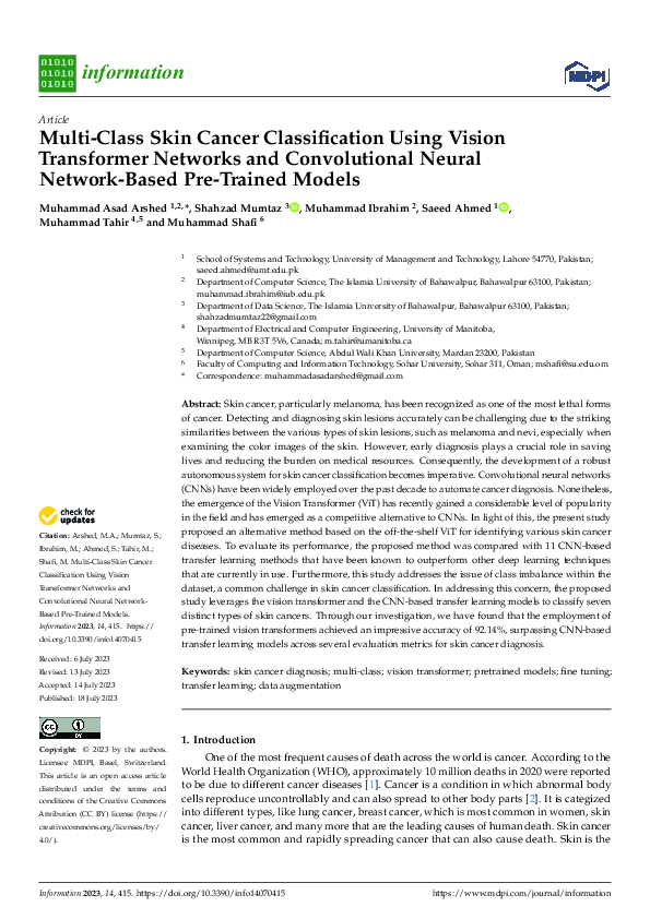 (PDF) Multi-Class Skin Cancer Classification Using Vision Transformer ...