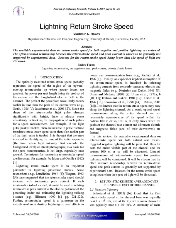 (PDF) Lightning return stroke speed