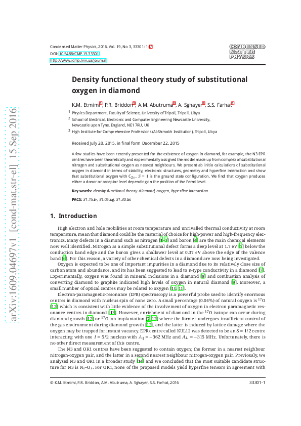 (PDF) Density functional theory study of substitutional oxygen in diamond