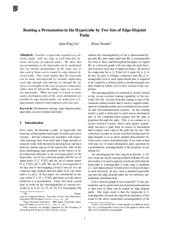 (PDF) Routing a Permutation in the Hypercube by Two Sets of Edge ...