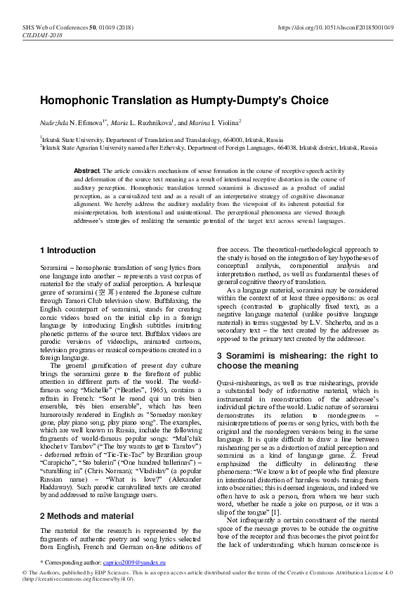 (PDF) Homophonic Translation as Humpty-Dumpty’s Choice