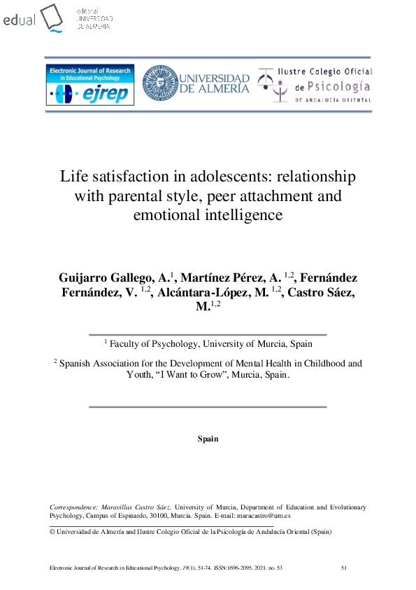 (PDF) Life satisfaction in adolescents: relationship with parental ...