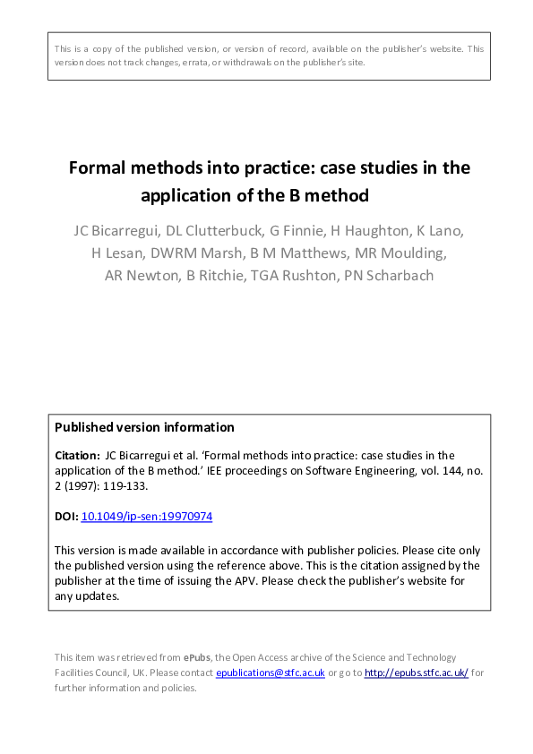 (PDF) Formal methods into practice: case studies in the application of ...