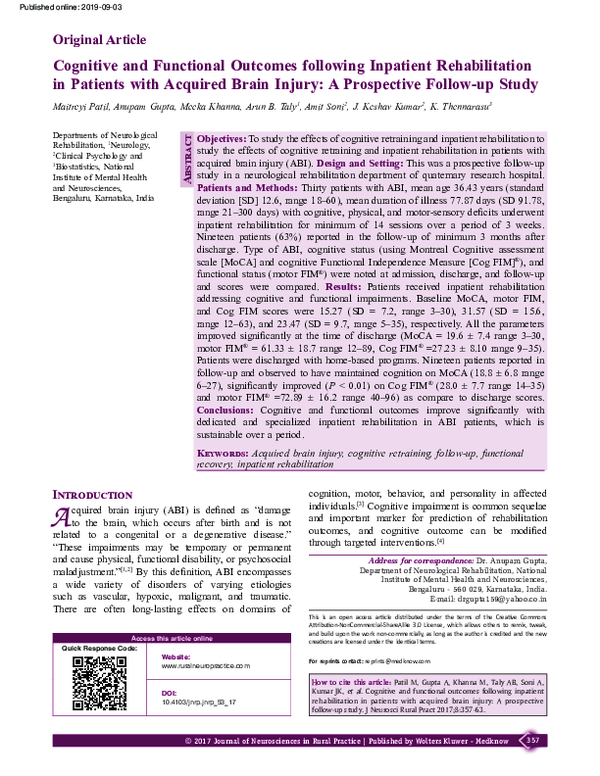 (PDF) Cognitive and Functional Outcomes following Inpatient ...