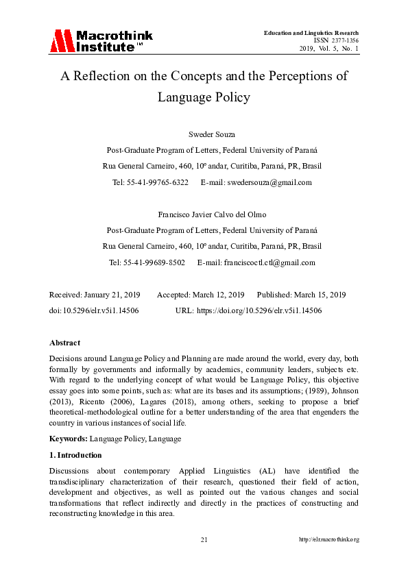 (PDF) A Reflection on the Concepts and the Perceptions of Language Policy