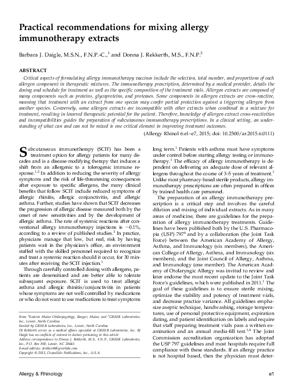 (PDF) Practical Recommendations for Mixing Allergy Immunotherapy Extracts