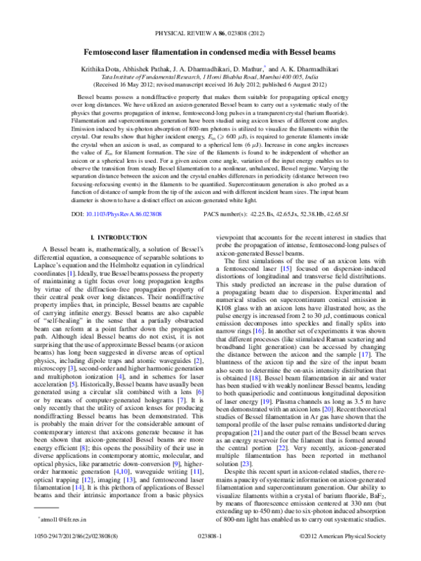 (PDF) Femtosecond laser filamentation in condensed media with Bessel beams