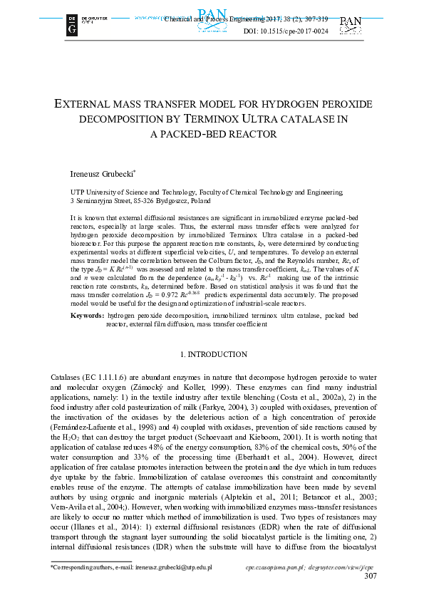(PDF) External Mass Transfer Model for Hydrogen Peroxide Decomposition ...