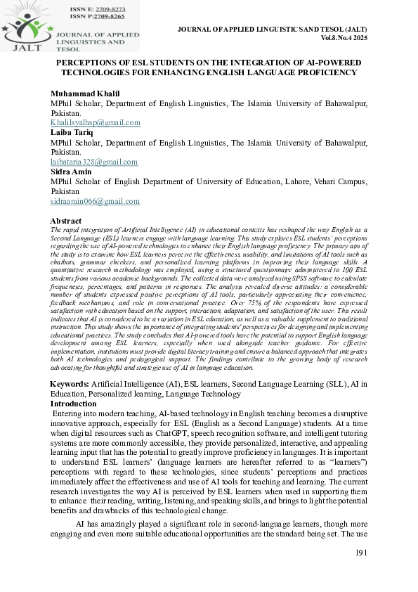 (PDF) PERCEPTIONS OF ESL STUDENTS ON THE INTEGRATION OF AI-POWERED ...