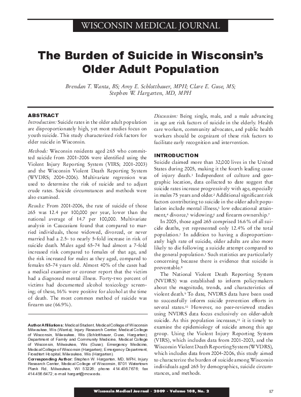(PDF) The burden of suicide in Wisconsin's older adult population