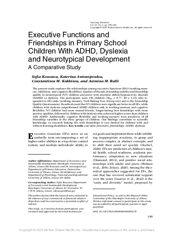 (PDF) Executive Functions and Friendships in Primary School Children ...
