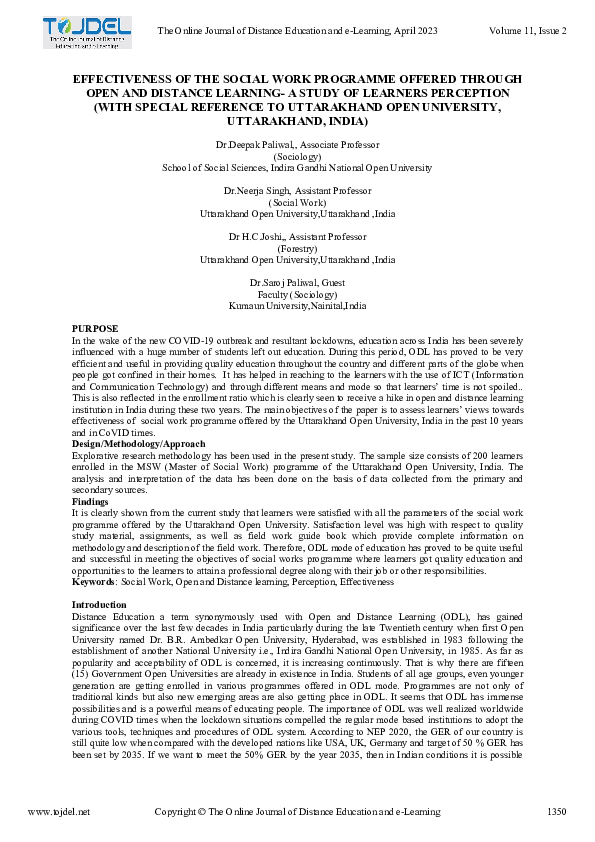 (PDF) EFFECTIVENESS OF THE SOCIAL WORK PROGRAMME OFFERED THROUGH OPEN ...