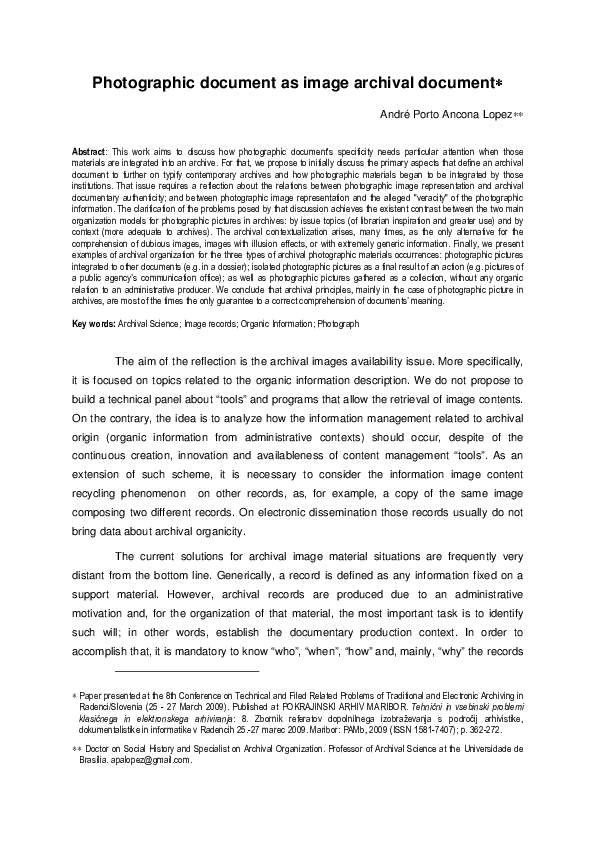 (PDF) Photographic document as image archival document, 2009
