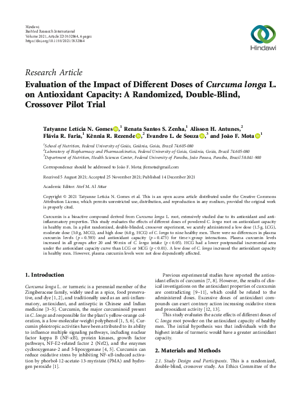 (PDF) Evaluation of the Impact of Different Doses of Curcuma longa L ...