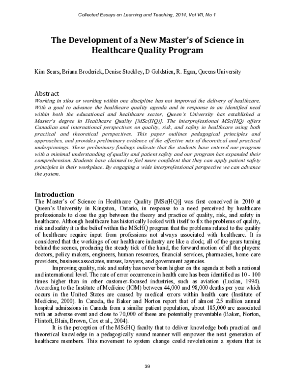 (PDF) The Development of a New Master’s of Science in Healthcare ...