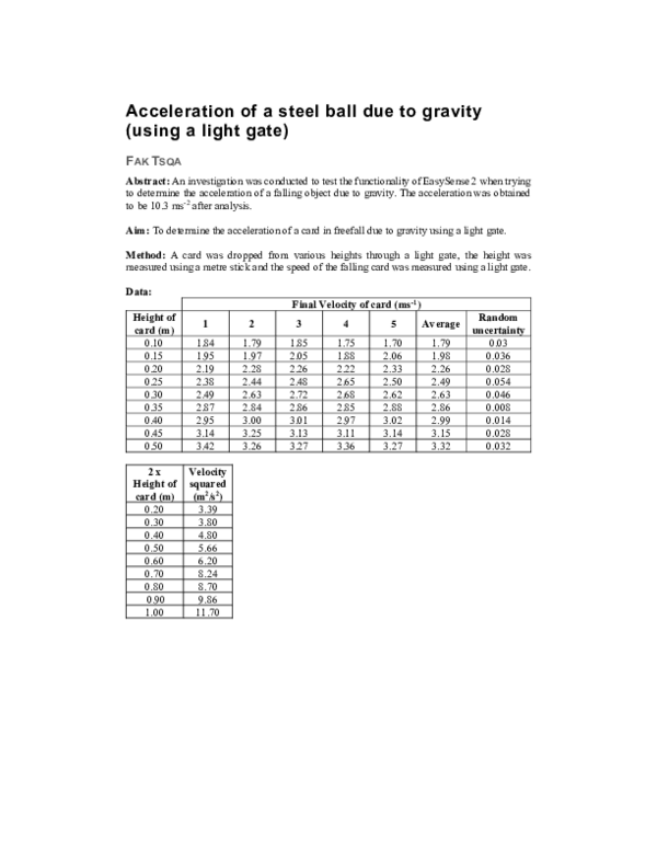 (PDF) Acceleration of a falling card due to gravity (using a light gate)