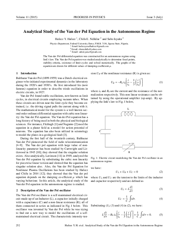 (PDF) Analytical Study of the Van der Pol Equation in the Autonomous Regime