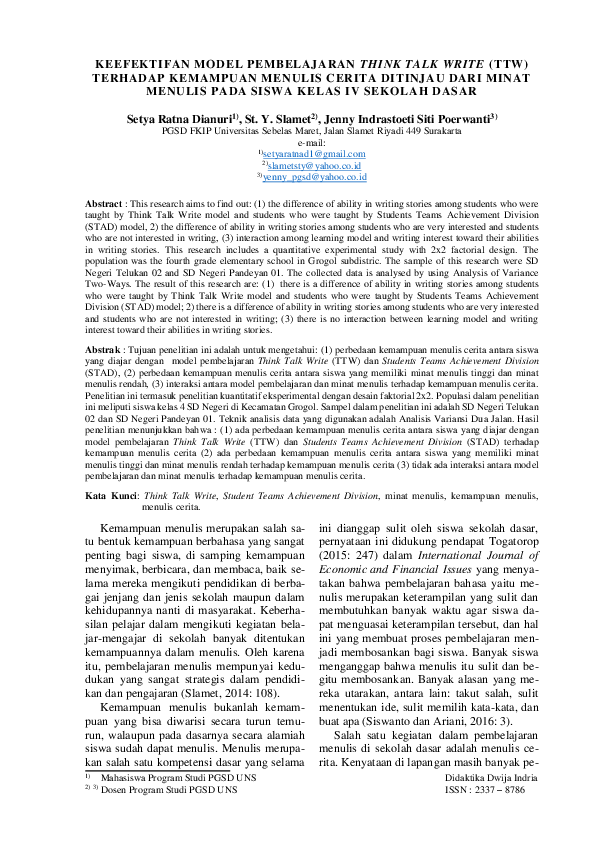 (PDF) Keefektifan Model Pembelajaran Think Talk Write (TTW) Terhadap ...