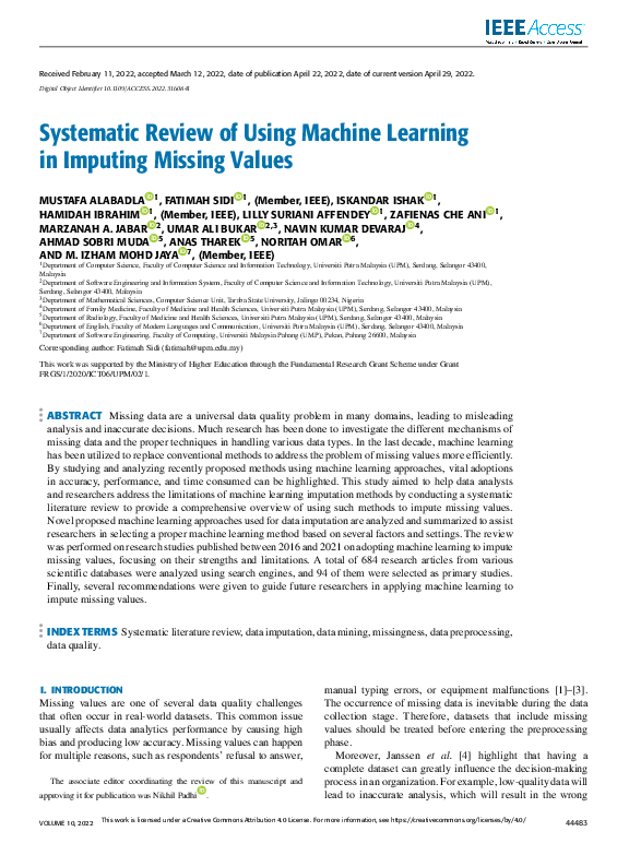 (PDF) Systematic Review of Using Machine Learning in Imputing Missing ...