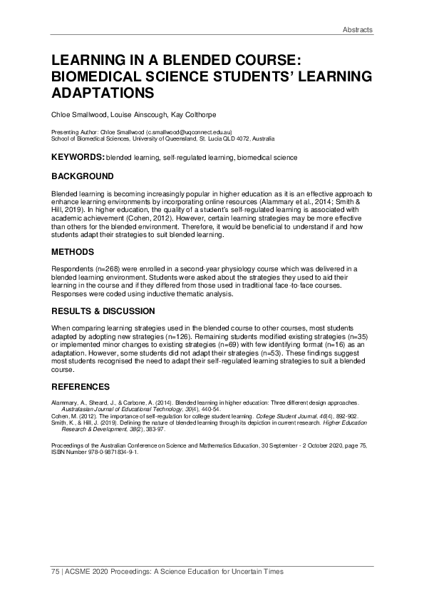 (PDF) Learning in a Blended Course: Biomedical Science Students ...