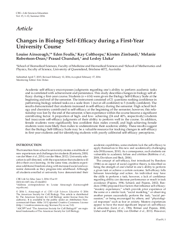 (PDF) Changes in Biology Self-Efficacy during a First-Year University ...