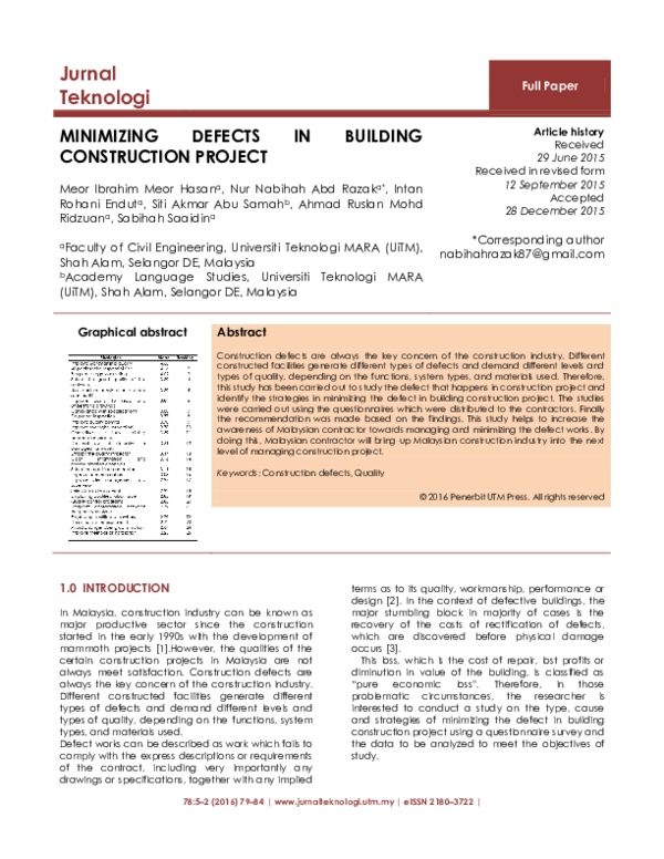 (PDF) Minimizing Defects in Building Construction Project